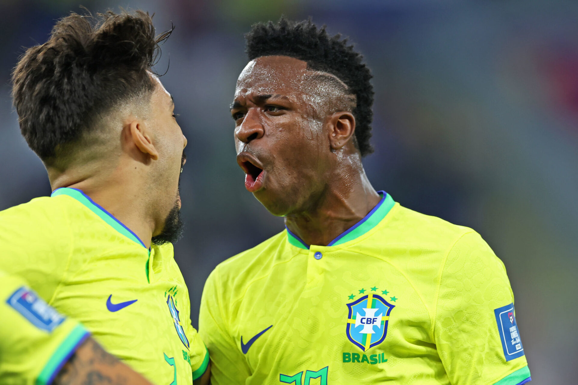 Paquetá e Vini Júnior comemorando um gol pela Seleção Brasileira (Icon Sport) Paquetá e Vini Júnior comemorando um gol pela Seleção Brasileira (Icon Sport)