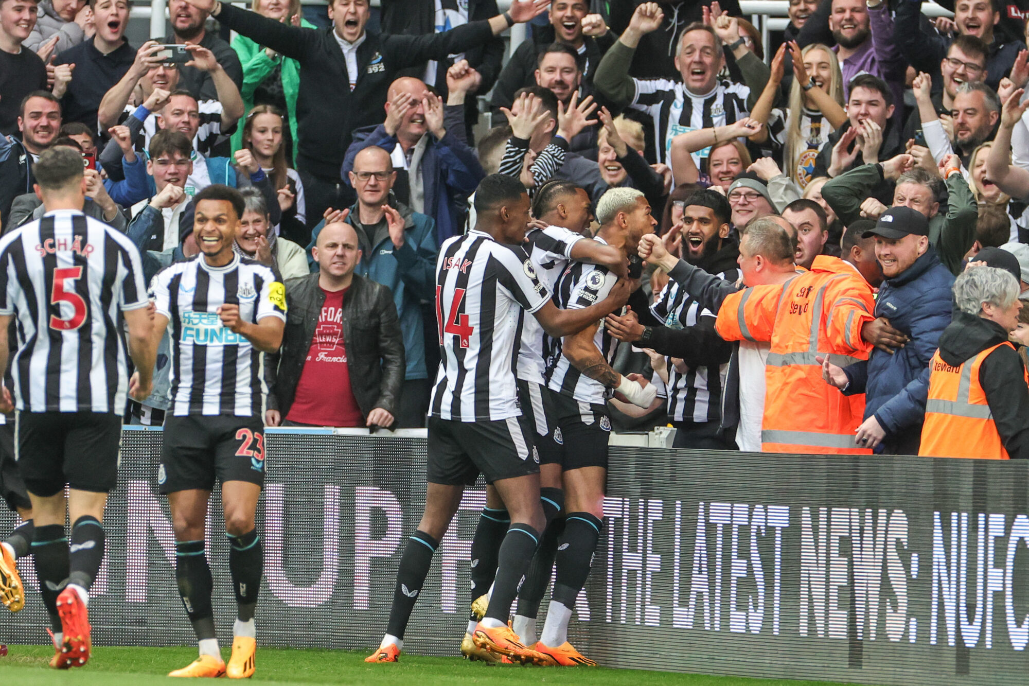 Jogadores do Newcastle comemoram um gol com os torcedores. (Icon Sport)